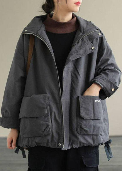 Grey Zippered Loose Drawstring Fall Long Sleeve Coat Qs039