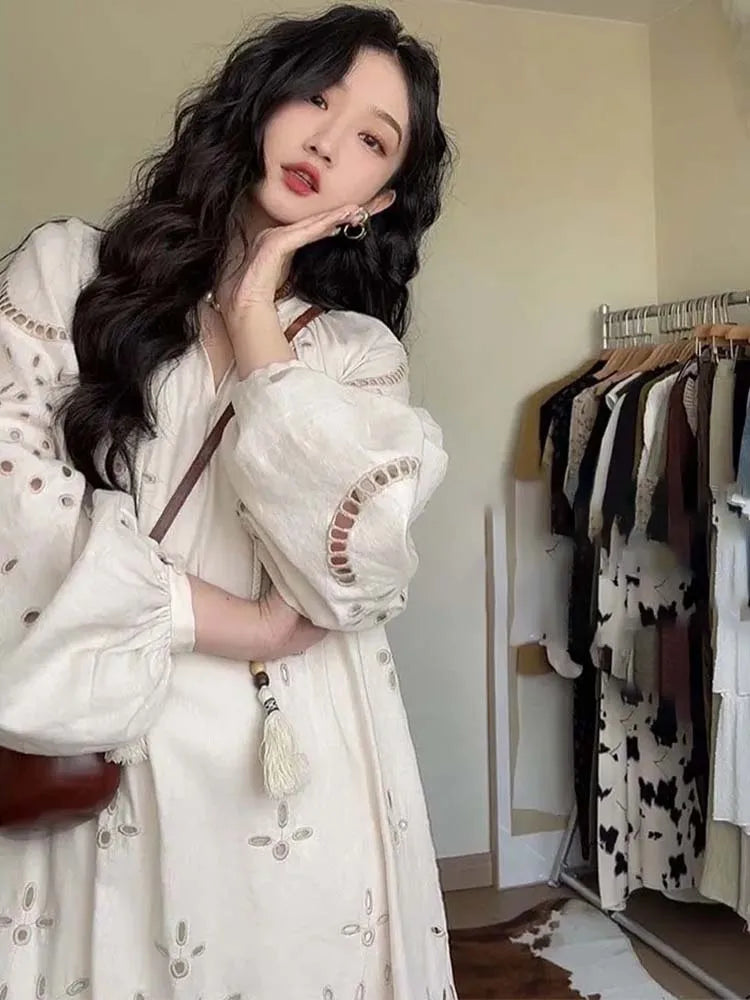 Korean Style Long Sleeve V-neck Hollow Out Maxi Dress