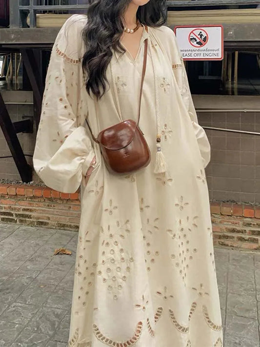 Korean Style Long Sleeve V-neck Hollow Out Maxi Dress