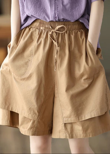 Khaki Pockets Patchwork Elastic Waist Cotton Shorts Summer Qq1027