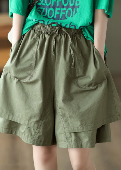 Khaki Pockets Patchwork Elastic Waist Cotton Shorts Summer Qq1027