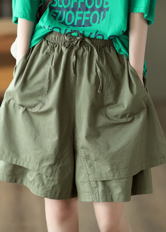 Khaki Pockets Patchwork Elastic Waist Cotton Shorts Summer Qq1027