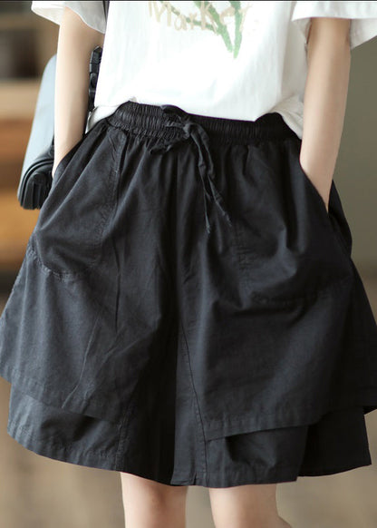Khaki Pockets Patchwork Elastic Waist Cotton Shorts Summer Qq1027
