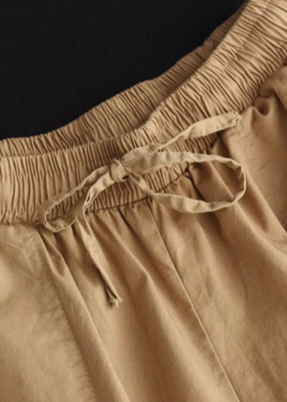 Khaki Pockets Patchwork Elastic Waist Cotton Shorts Summer Qq1027