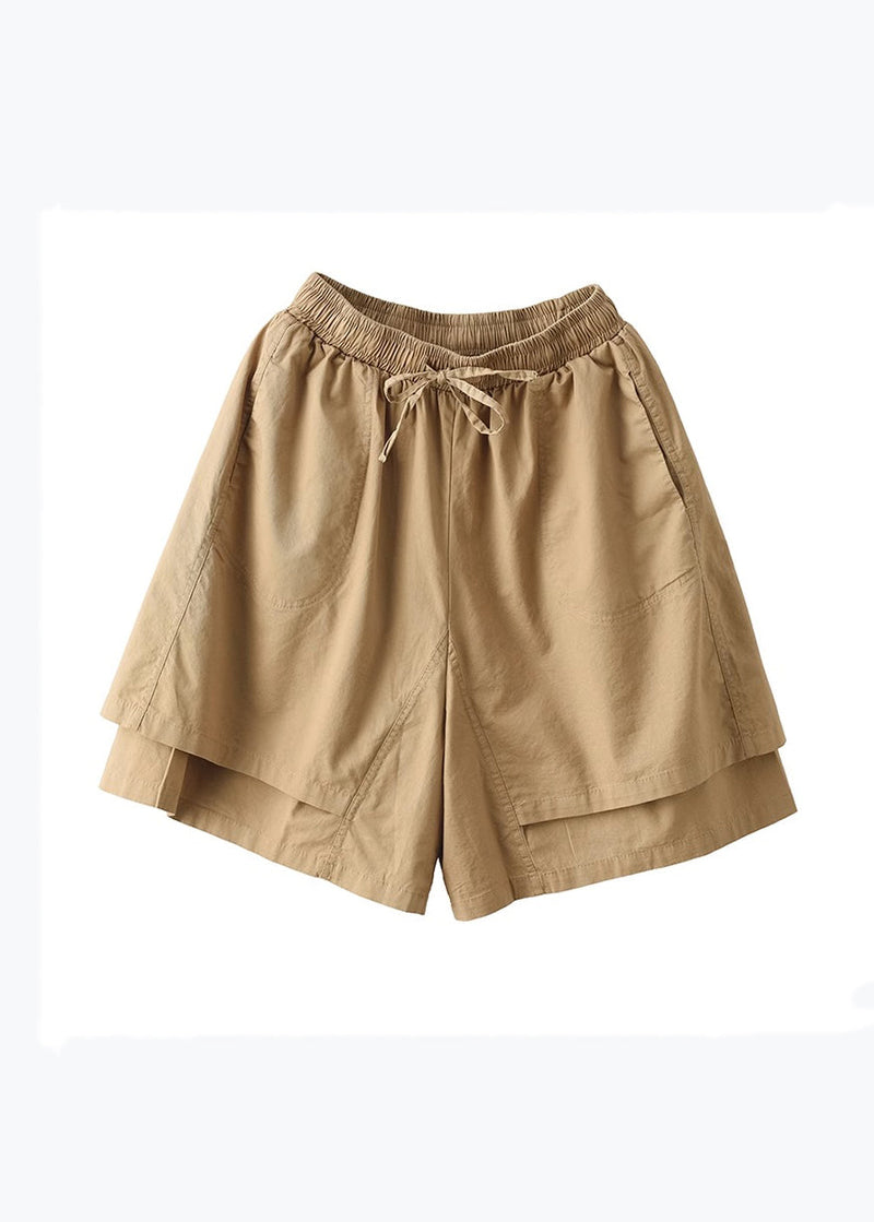 Khaki Pockets Patchwork Elastic Waist Cotton Shorts Summer Qq1027