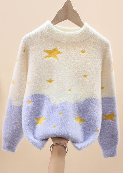 Light Purple O-neck Mink Hair Cotton Knit Sweaters Spring Tp042