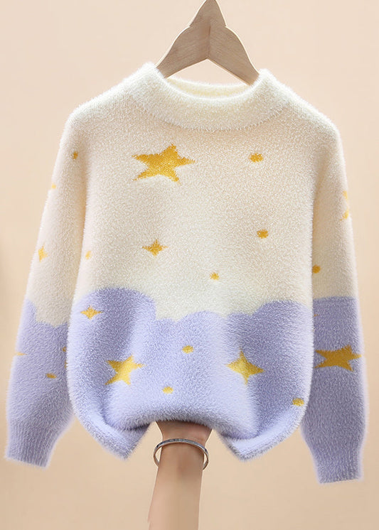 Light Purple O-neck Mink Hair Cotton Knit Sweaters Spring Tp042