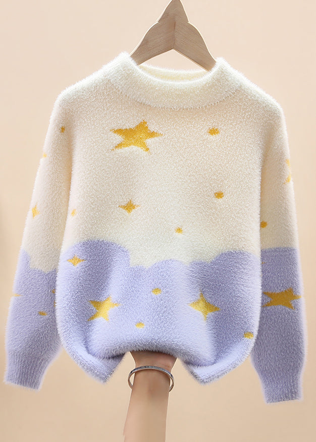 Light Purple O-neck Mink Hair Cotton Knit Sweaters Spring Tp042