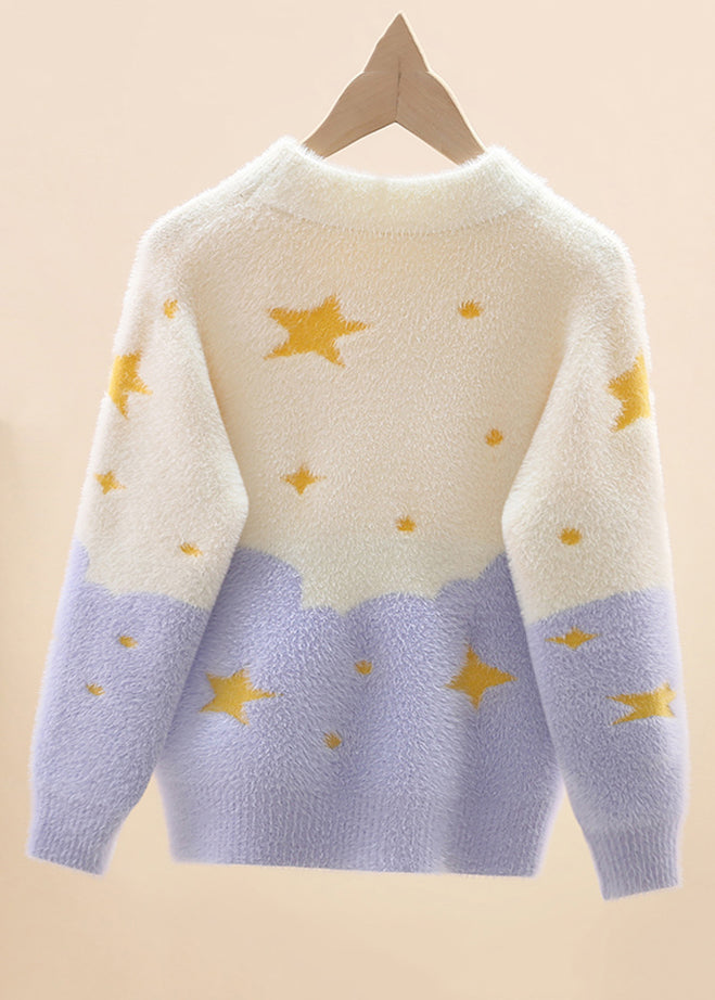 Light Purple O-neck Mink Hair Cotton Knit Sweaters Spring Tp042