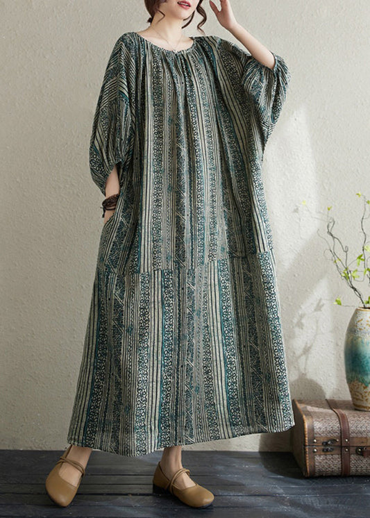 Loose Green O Neck Striped Cotton Long Dress Summer Ap037