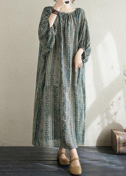 Loose Green O Neck Striped Cotton Long Dress Summer Ap037