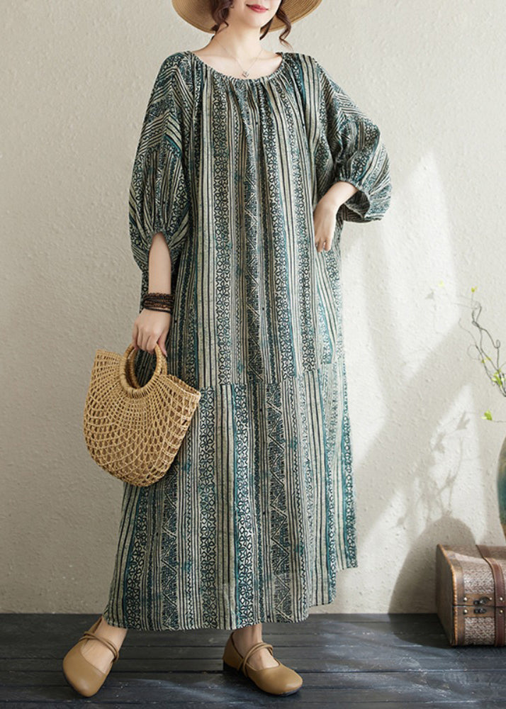 Loose Green O Neck Striped Cotton Long Dress Summer Ap037