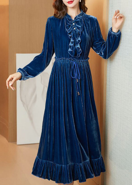 Navy Cinched Patchwork Ruffles Silk Velour Long Dress Ac3001