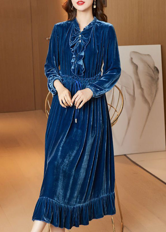 Navy Cinched Patchwork Ruffles Silk Velour Long Dress Ac3001