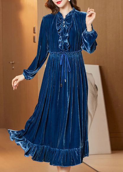 Navy Cinched Patchwork Ruffles Silk Velour Long Dress Ac3001
