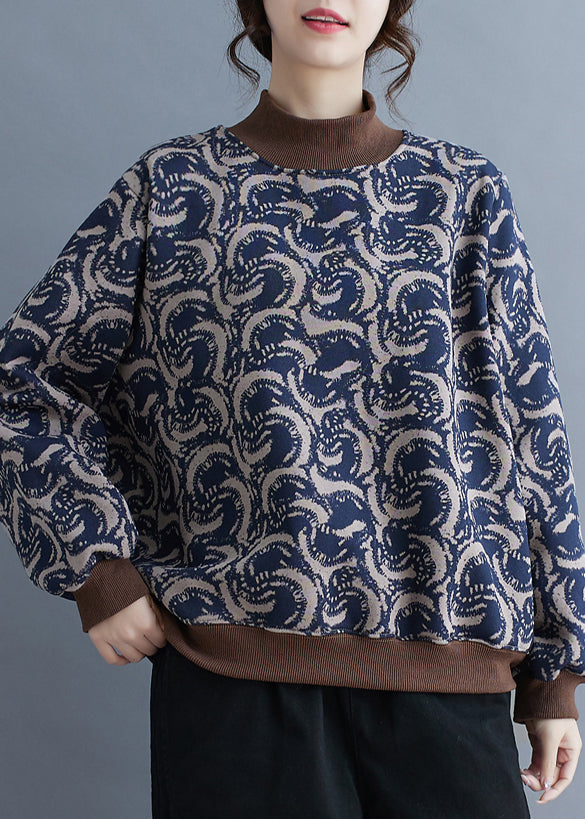 Navy Print Patchwork Warm Fleece Sweatshirt Top Spring Tm011