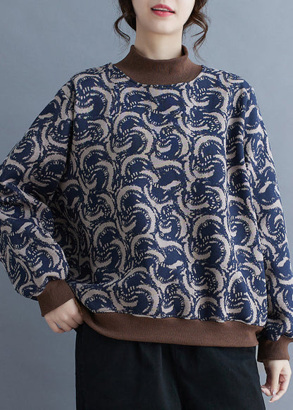 Navy Print Patchwork Warm Fleece Sweatshirt Top Spring Tm011