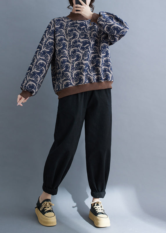 Navy Print Patchwork Warm Fleece Sweatshirt Top Spring Tm011