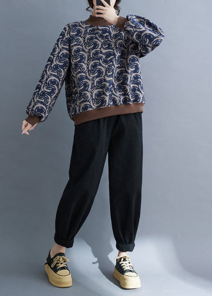 Navy Print Patchwork Warm Fleece Sweatshirt Top Spring Tm011
