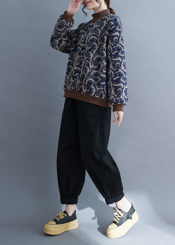 Navy Print Patchwork Warm Fleece Sweatshirt Top Spring Tm011