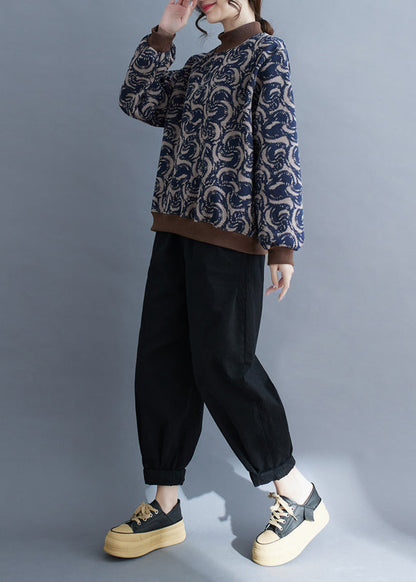 Navy Print Patchwork Warm Fleece Sweatshirt Top Spring Tm011