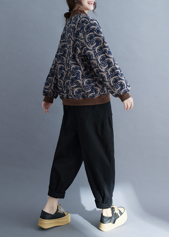 Navy Print Patchwork Warm Fleece Sweatshirt Top Spring Tm011