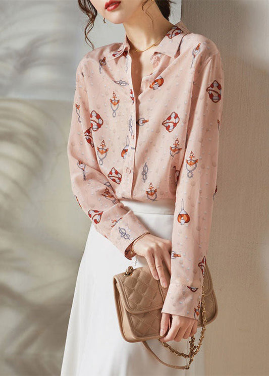 Pink Peter Pan Collar Print Silk Blouses Spring Ly0087