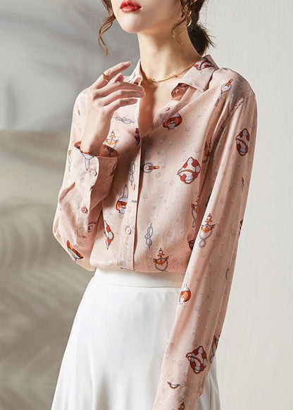 Pink Peter Pan Collar Print Silk Blouses Spring Ly0087