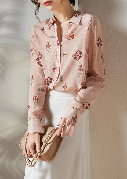 Pink Peter Pan Collar Print Silk Blouses Spring Ly0087
