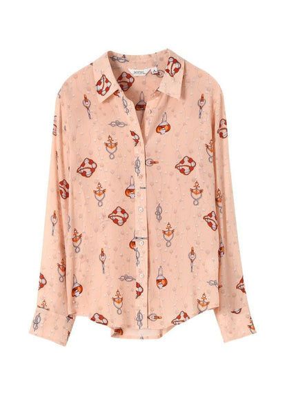 Pink Peter Pan Collar Print Silk Blouses Spring Ly0087