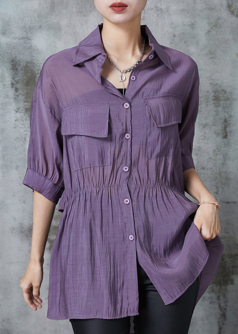Purple Cinched Pockets Cotton Blouse Tops Summer Al1023