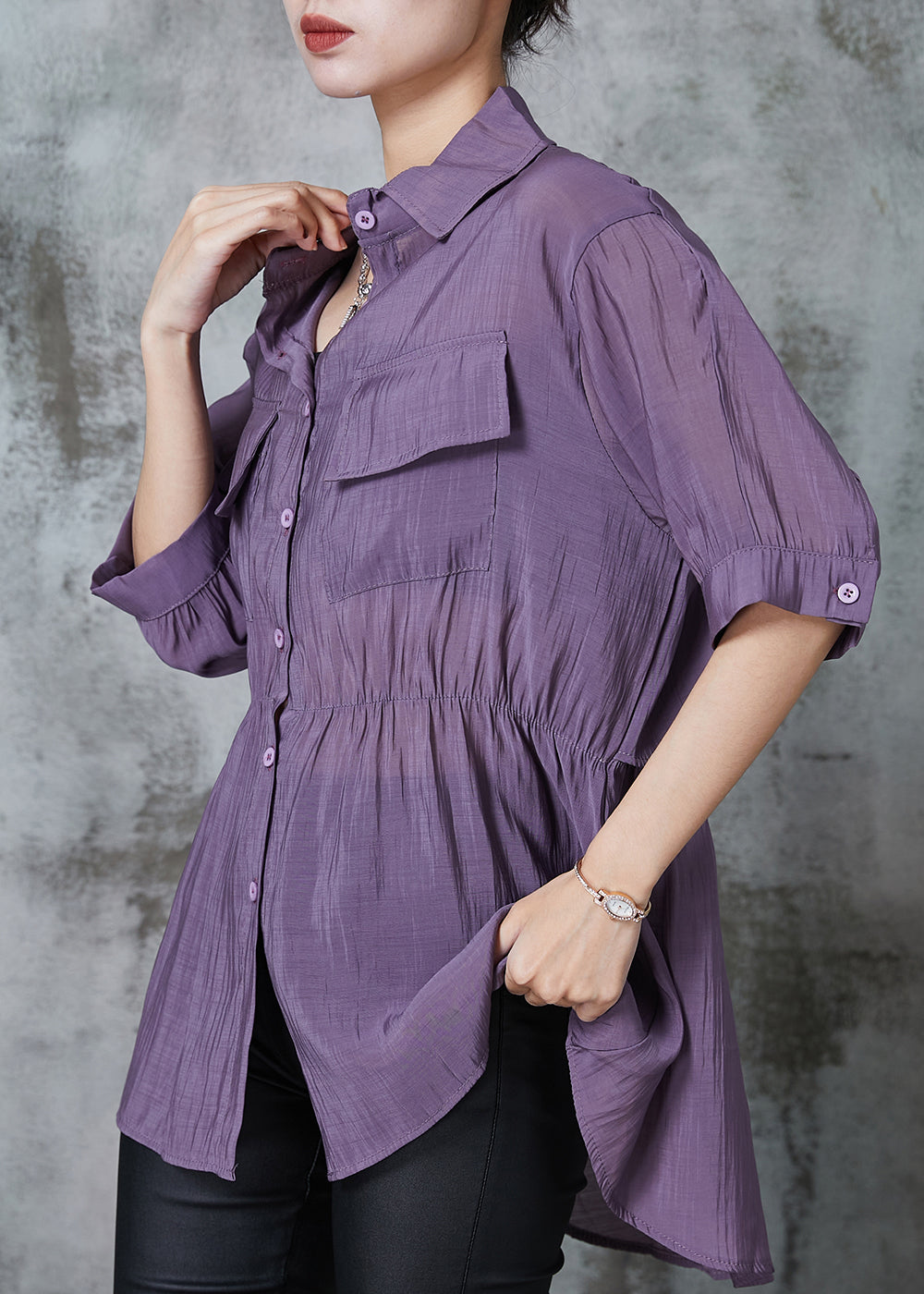 Purple Cinched Pockets Cotton Blouse Tops Summer Al1023