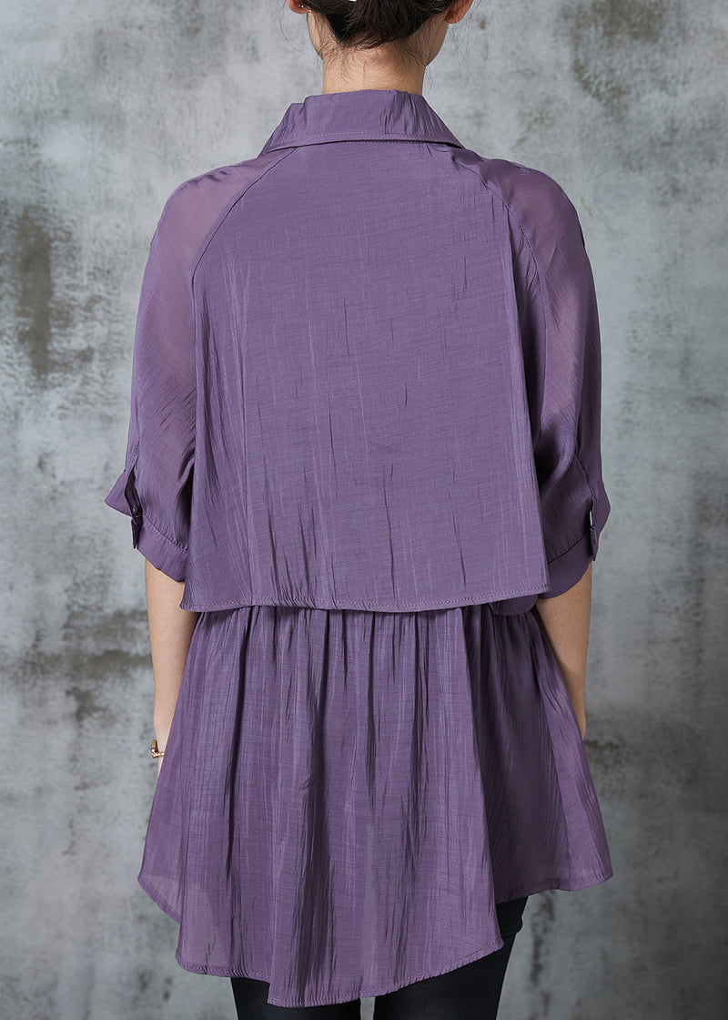 Purple Cinched Pockets Cotton Blouse Tops Summer Al1023