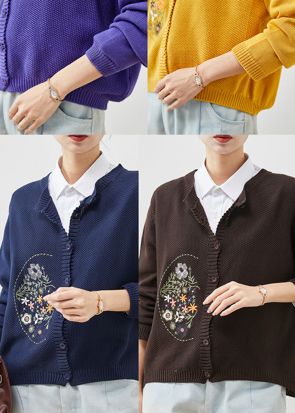 Yellow Knit Cardigans Embroidered Button Spring Yu1042
