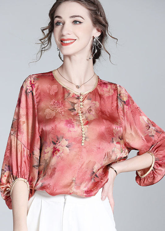 Red O Neck Print Silk Blouse Top Bracelet Sleeve Ly0989