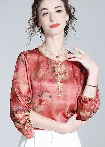 Red O Neck Print Silk Blouse Top Bracelet Sleeve Ly0989