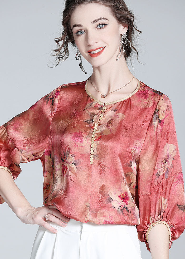Red O Neck Print Silk Blouse Top Bracelet Sleeve Ly0989