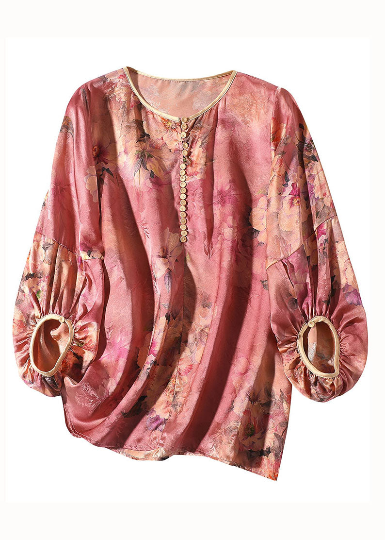 Red O Neck Print Silk Blouse Top Bracelet Sleeve Ly0989