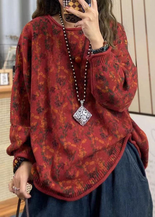 Red O Neck Print Cotton Knit Loose Sweaters Top Spring Tz038