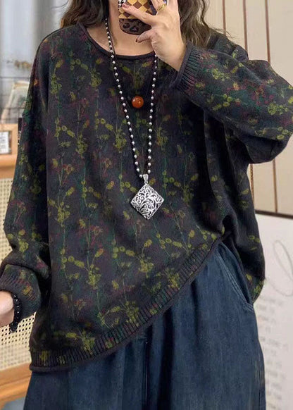 Red O Neck Print Cotton Knit Loose Sweaters Top Spring Tz038