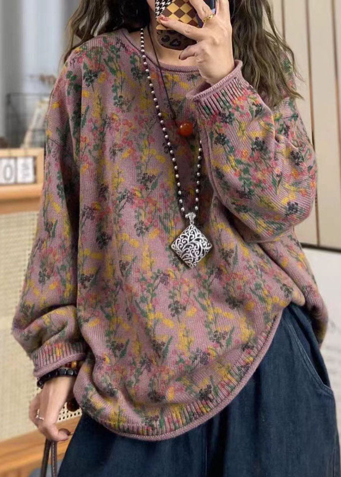 Red O Neck Print Cotton Knit Loose Sweaters Top Spring Tz038