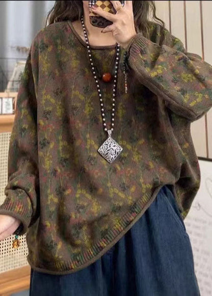 Red O Neck Print Cotton Knit Loose Sweaters Top Spring Tz038