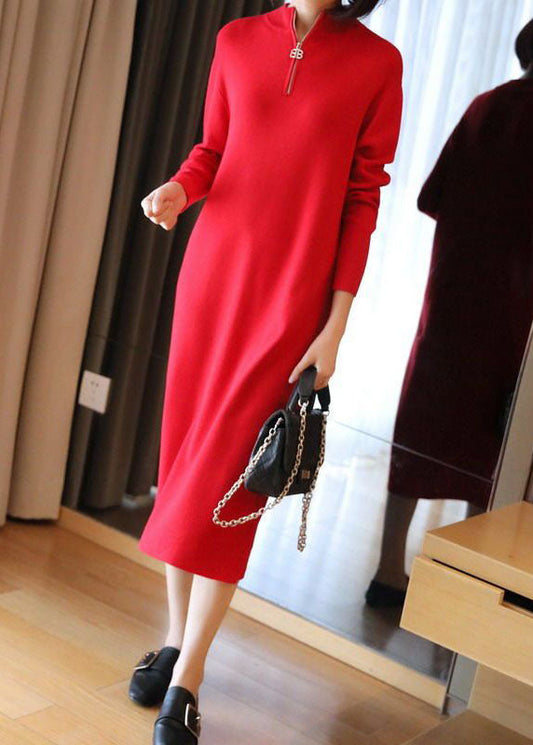 Red Stand Collar Zip Up Knit Maxi Dresses Spring Ly1451