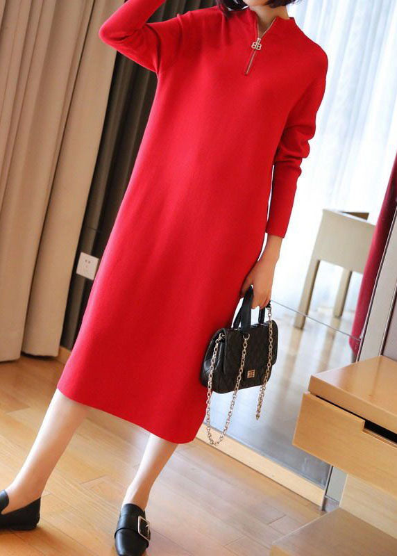 Red Stand Collar Zip Up Knit Maxi Dresses Spring Ly1451
