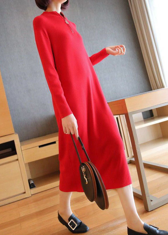 Red Stand Collar Zip Up Knit Maxi Dresses Spring Ly1451