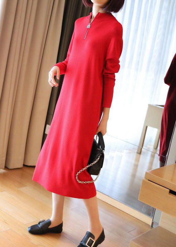 Red Stand Collar Zip Up Knit Maxi Dresses Spring Ly1451