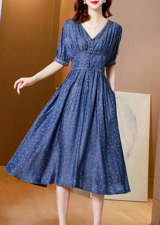 V Neck Print Tunic Silk Denim Long Dress Short Sleeve Ac2019