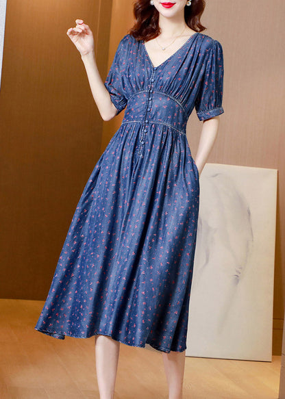 V Neck Print Tunic Silk Denim Long Dress Short Sleeve Ac2019