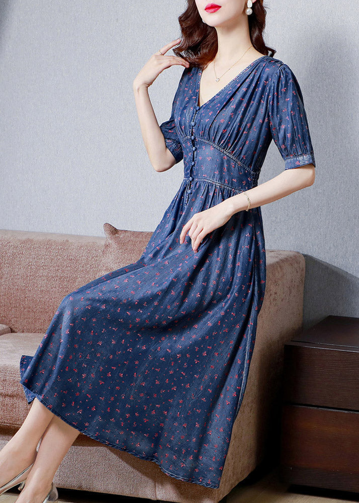 V Neck Print Tunic Silk Denim Long Dress Short Sleeve Ac2019