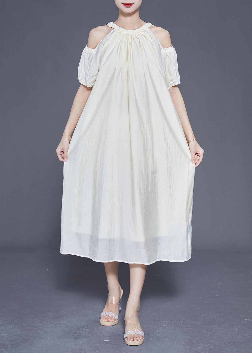 White Cold Shoulder Original Design Silk Long Dress Summer Ly1839